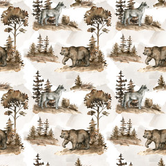 Watercolor seamless pattern with bear, wolf, landscape. Brown wildlife nature elements, animals, trees for children's textile, wallpaper, poster, postcard, covers