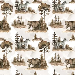 Foto op Plexiglas Bosdieren Aquarel naadloze patroon met beer, wolf, landschap. Bruin wild natuurelementen, dieren, bomen voor kindertextiel, behang, poster, ansichtkaart, covers