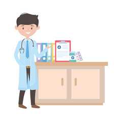 Man doctor and furniture with document medicine jar and pills vector design