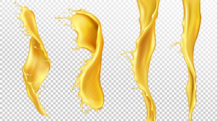 Orange juice streams with drops, liquid splashes of yellow drink set. Tropical fruit beverage, elements for advertising or package design. Fresh splashing and flowing jets realistic 3d vector clip art