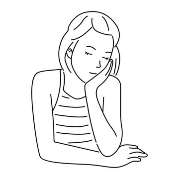 recommend clip art: Beautiful woman is daydreaming about a solution to her problem. Line art vector illustration