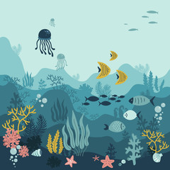 Naklejka na ściany i meble background underwater world, sea ocean, fish animals, algae and coral reefs, vector illustration hand drawing