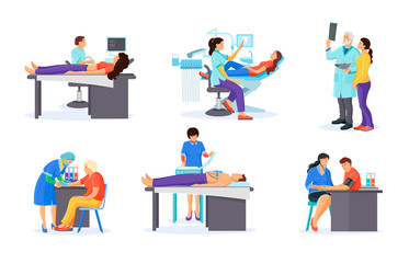 Medical examination at surgeon, doctor cardiologist, therapist, dentist. Dentist treats teeth, doctor takes blood from patient, check up ultrasonography, measures blood pressure cartoon vector