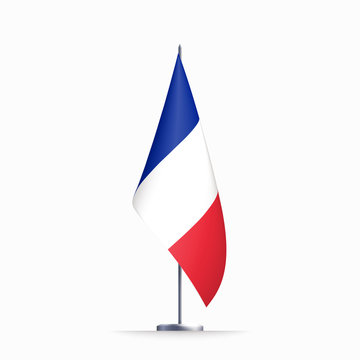 France flag state symbol isolated on background national banner. Greeting card National Independence Day of the French Republic. Illustration banner with realistic state flag of Fifth Republic France.