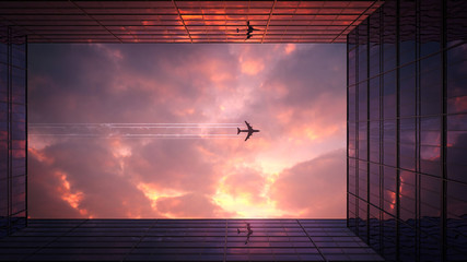 The plane flies over the skyscrapers. Wonderful composition with sunset. 3d Illustration