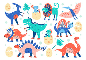 Set of little cute dinosaurs. Triceratops, T-rex, diplodocus, pteranodon, stegosaurus. Prehistoric animals. Jurassic world. Flat colourful vector illustration, art isolated on white background. © Fox._.biz
