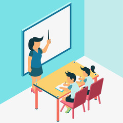 Isometric Vector Illustration Representing A Class Activity or Learning Process Between A Teacher or Lecturer and Students with Blackboard, Table, and Chairs