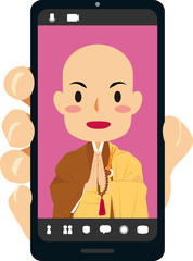 手 スマホ画面 オンライン僧侶 お坊さん 袈裟 