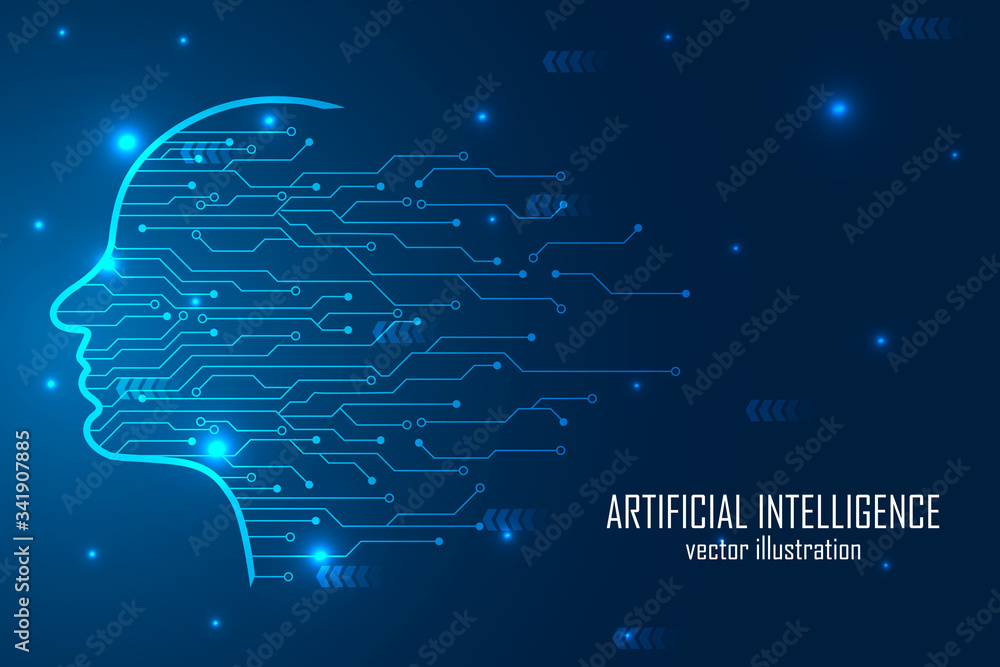Poster human head outline with circuit lines, abstract artificial intelligence. creative brain concept, tec