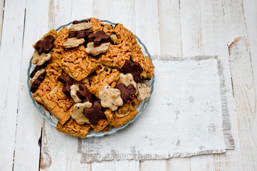 .Homemade shortbread cookies lying on a white painted wooden surface. Baking and cooking.