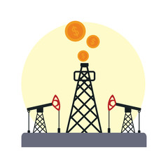 money coins and oil tower and rigs, colorful design