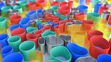 Multicolored 3D composition. Soft cylindrical tubes are drawn to the center, deformed when moving.