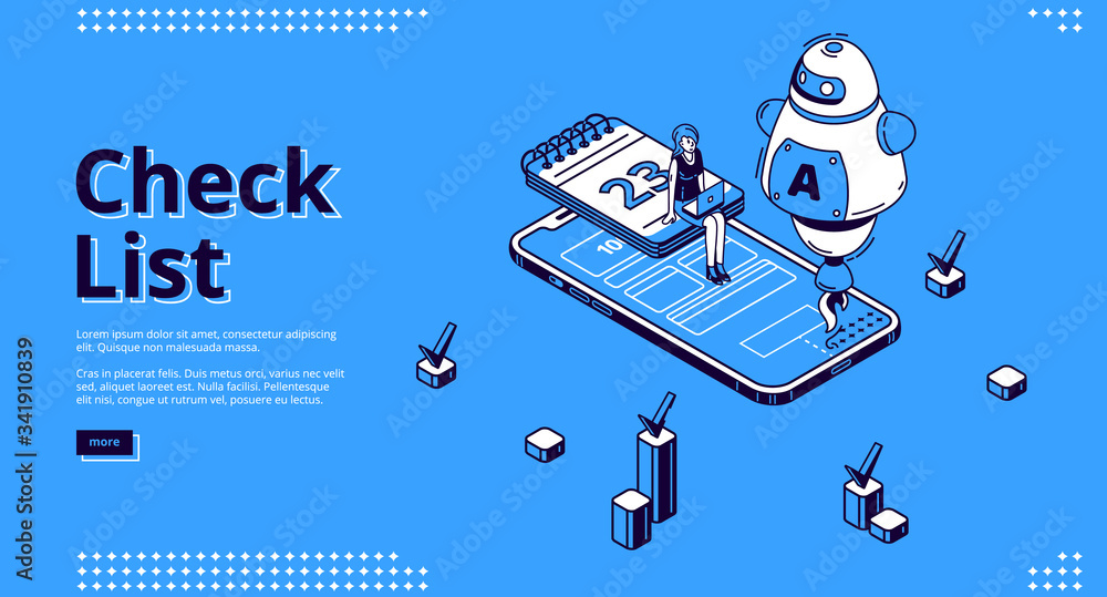 Poster check list isometric landing page. business woman and ai robot at huge smartphone screen with paper 
