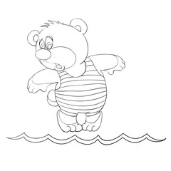little bear in a bathing suit is standing on the riverbank and is afraid to go into the water, outline drawing, coloring, isolated object on a white background, vector illustration,