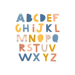 Abstract decorative English alphabet. Creative  cute Kids font. Ideal for education, home decor. Vector Illustration can be used for quotes, poster, cards and kids fashion prints.