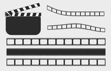 Obraz premium Blank cinema production black clapper board and seamless film strips. Vector illustration