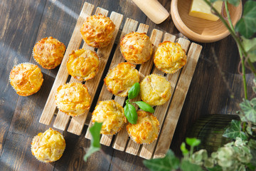 Homemade savory muffins with cheese, herbs on a wooden plate, dark background with green plants. Fresh baked,  healthy snack or breakfast meal. Natural light. 