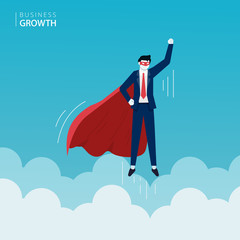Business growth concept. Businessman character flying high in the skies illustration. Flat design vector with background
