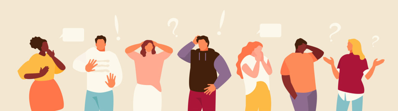 Group Of Scared People Expressing Fear, Anxiety And Panic. Vector Illustration