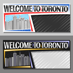 Vector layouts for Toronto with copy space, decorative voucher with illustration of modern toronto city scape on day and dusk sky background, art design tourist coupon with words welcome to toronto.