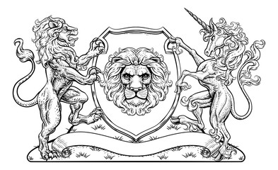A crest coat of arms family shield seal featuring lions and unicorn horse with horn - obrazy, fototapety, plakaty