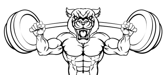 A panther animal body builder sports mascot weight lifting a barbell © Christos Georghiou
