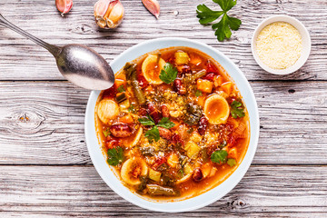 Minestrone, italian vegetable soup with pasta and beans.