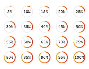 Loading circle set. Progress bar indicator from 5 to 100 percent. Round loading indicator. Process symbol collection with gradient. Vector EPS 10