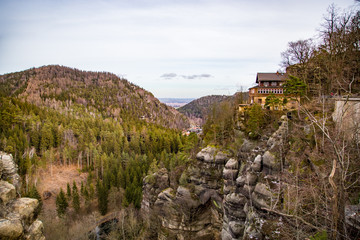 the view from the castle Oybin in the Zittau mountains into the valley and to the city Zittau.