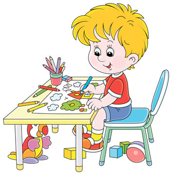 Smiling little boy sitting at his table and drawing with color pencils a funny picture of a small village house and an apple tree on a sunny summer day, vector cartoon illustration