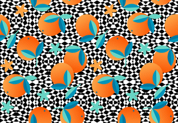 Exotic orange fruit vector seamless pattern. Tropical citrus fruits on hand drawn three dimensional checkerboard background. Great for greeting card, fabric swatch, textiles, gift wrapping print.