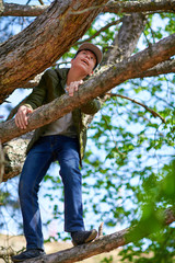 Naklejka na ściany i meble Teen boy climbing in a tree, bright sunlight, beautiful day