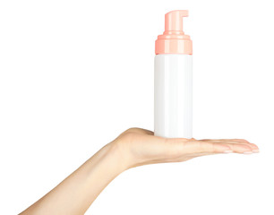 Hand sanitizer in bottle, disinfection liquid.