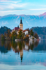 the church on bled lake in the water reflection