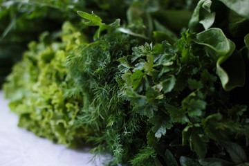 Fototapeta premium Closeup of fresh herbs. Parsley, dill, spinach, salad, mint, another greens