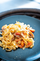 Italian Pasta with Sun Dried Tomatoes and Cherry Tomatoes on the Dark Plate