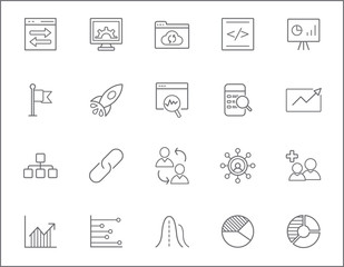 Set of marketing and digital Icons line style. It contains such Icons as seo, web services, product management, technologies, graph, chart, diagram, search and other elements.