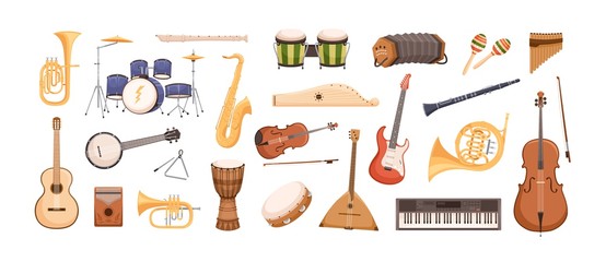 Colorful collection of various musical instruments isolated on white background. Strings, brass, percussion, woodwinds instruments. Vector illustration in flat cartoon style