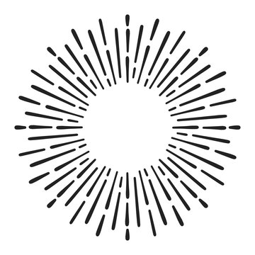 Sunburst doodle line art. Hand drawn sun burst, round banner with circle explosion. Retro sketch radial rays, black frame isolated on white background. Monochrome handmade design element