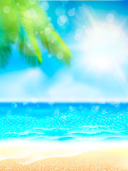 Naklejka na ściany i meble Summer Background. Nature green leaf on Tropical beach with yellow sand, blue ocean and sky. Bokeh sun light wawe. Vacation or paradise business travel concept. Waves and sunlight.