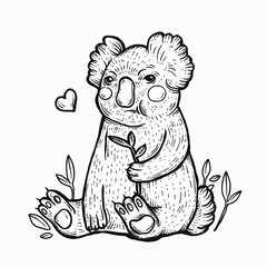 Cute koala outline hand drawn illustration. Wild australia black and white animal isolated sketch. hand drawn outline doodle style for creative projects, tattoos, kids coloring book illustrations.