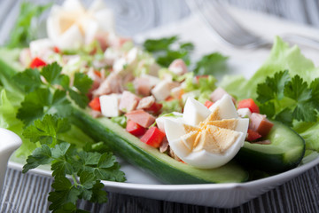Turkey, ham and cheese salad in cucumber