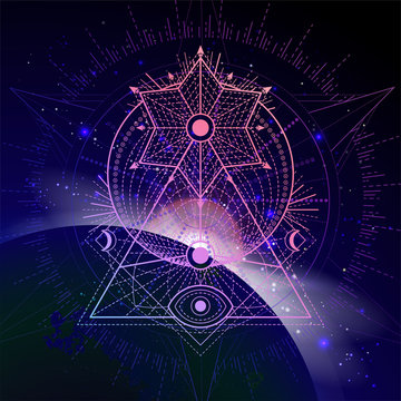 Vector illustration of Sacred geometric symbol against the space background with sunrise and stars. Mystic sign drawn in lines. Image in purple color.