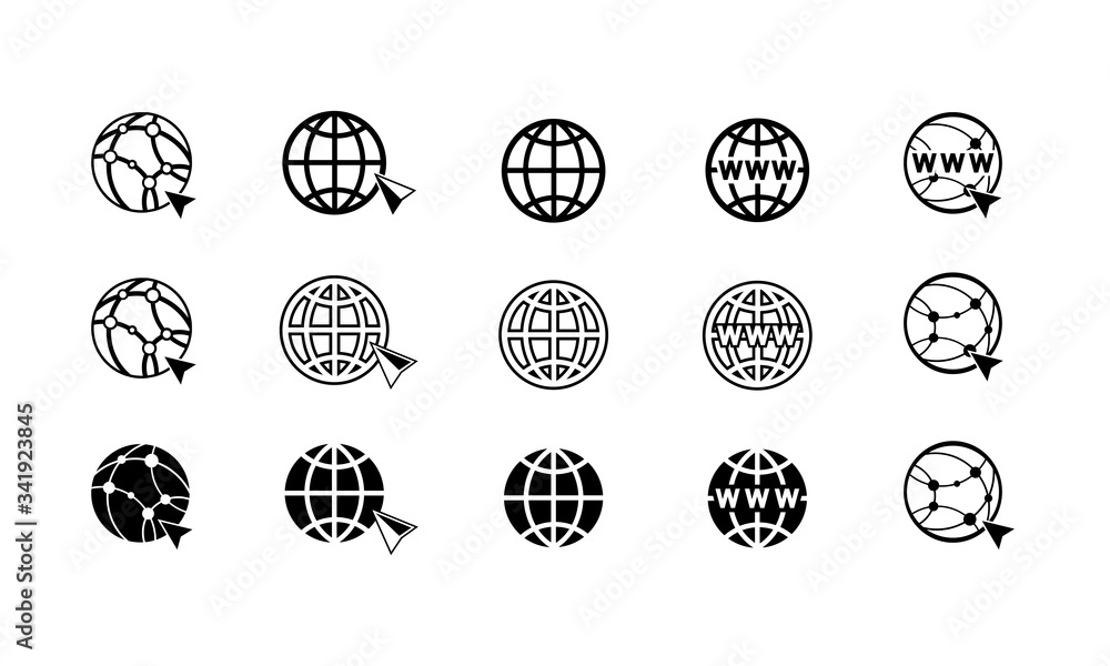 Poster world wide web concept globe internet icons set with cursor or mouse pointe . www sign icon on isola
