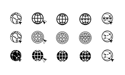 World wide web concept globe internet icons set with cursor or mouse pointe . WWW sign icon on isolated white background for applications, web, app. EPS 10 vector