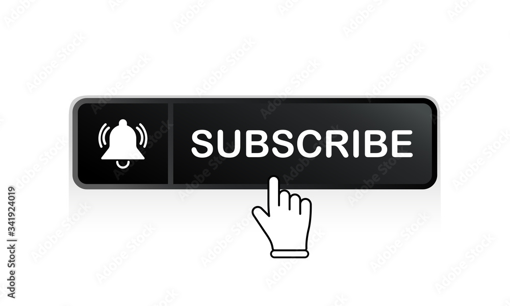 Poster black subscribe button with mouse pointer and notification bell icon flat in modern colour design co
