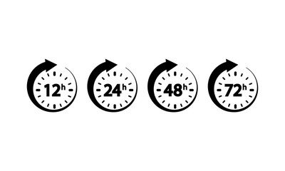 12, 24, 72, 48 hours clock icon set on an isolated white background. EPS 10 vector
