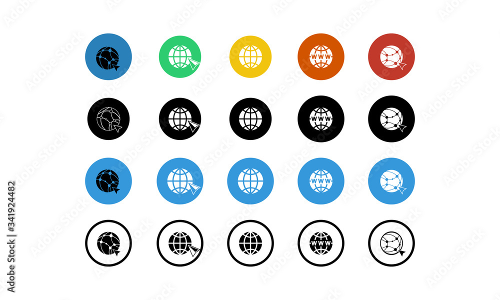 Poster world wide web concept globe internet icons set with cursor or mouse pointe . www sign icon on isola