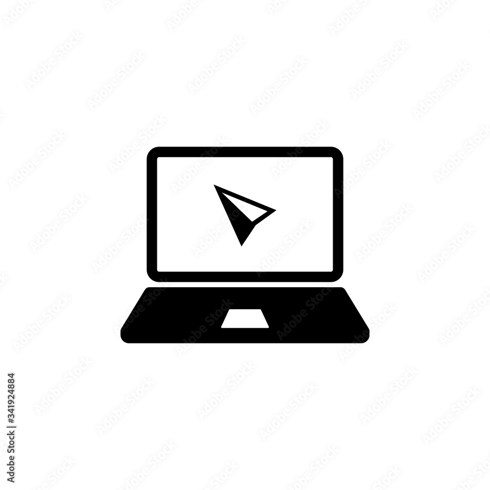 Poster laptop, desktop, computer icon with cursor or mouse pointe in black simple design on an isolated bac