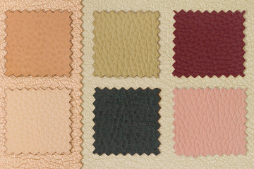 Color leather samples for the manufacture of furniture and various products laid out in the form of a frame with space for text. Different skin samples. Materials for the leather industry. Flat Lay.